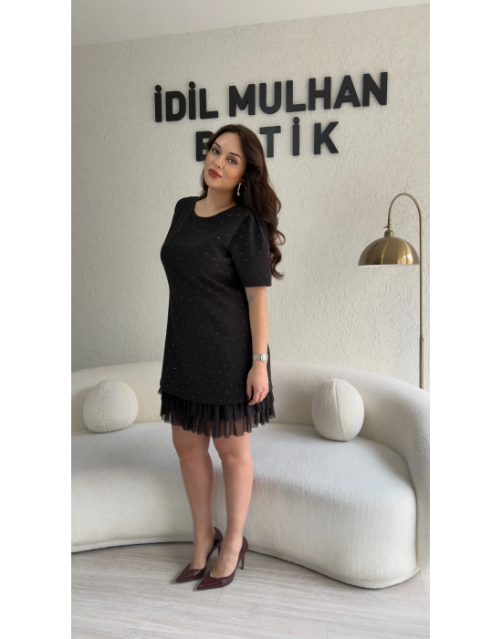 Siyah Taşlı Double Tül Fırfır Detaylı Elbise