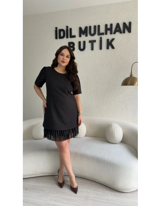 Siyah Taşlı Double Tül Fırfır Detaylı Elbise