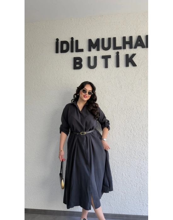 Siyah Tensel Dokulu Kemerli Elbise