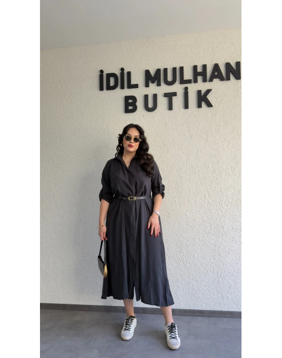 Siyah Tensel Dokulu Kemerli Elbise