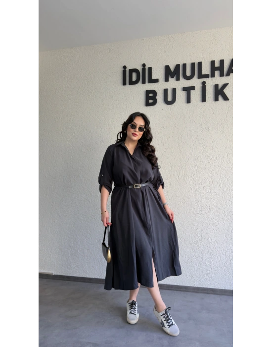 Siyah Tensel Dokulu Kemerli Elbise