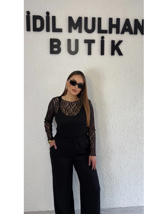 Siyah Transparan Dantel Bluz