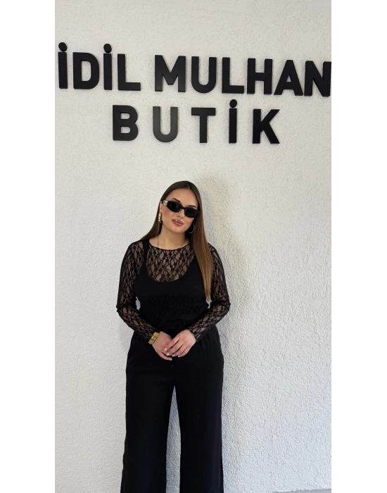 Siyah Transparan Dantel Bluz