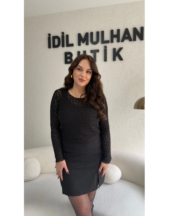 Siyah Transparan Dantel Bluz