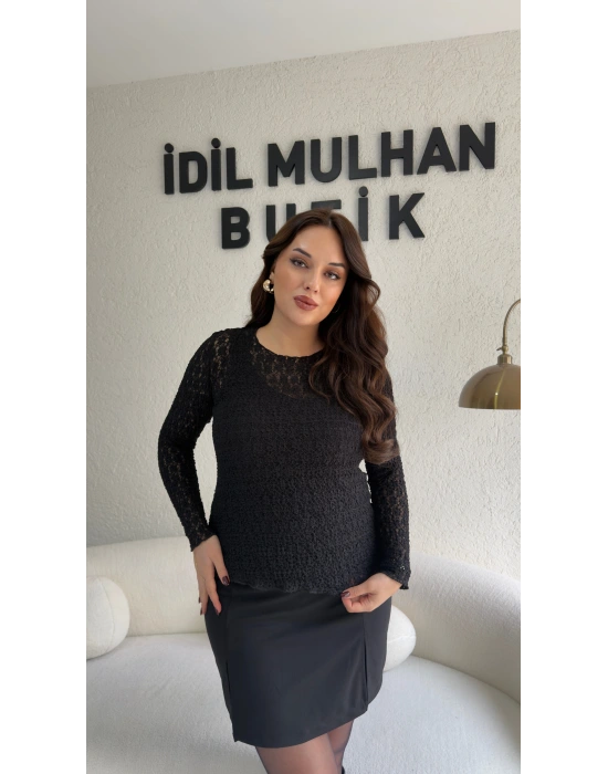 Siyah Transparan Dantel Bluz