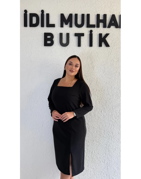 Siyah Uzun Kollu Kare Yaka Krep Elbise