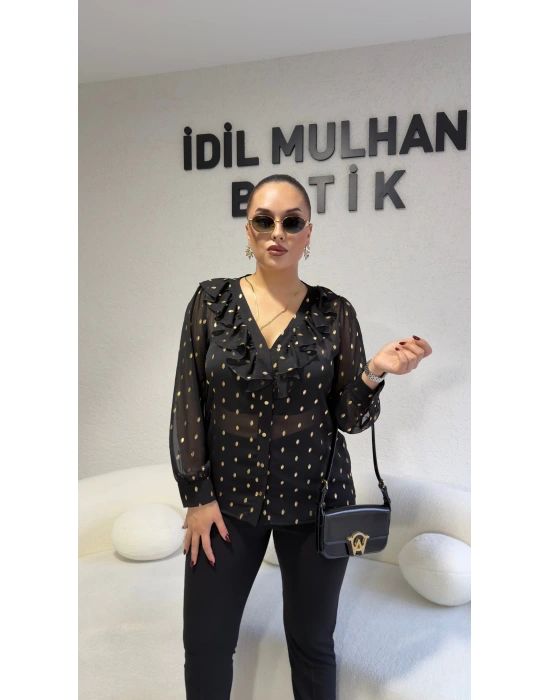 Siyah Volanlı Gold Varaklı Bluz