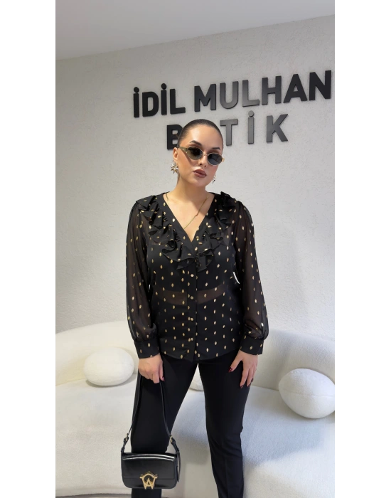 Siyah Volanlı Gold Varaklı Bluz