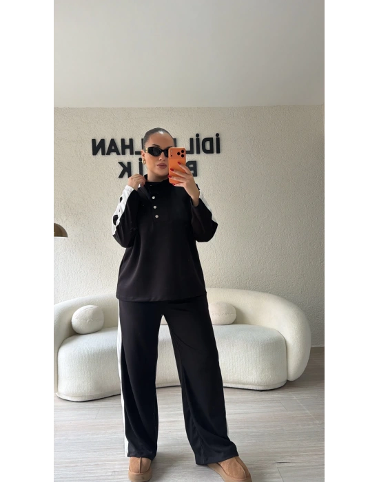 Siyah Yaka Düğmeli Çizgili Takım