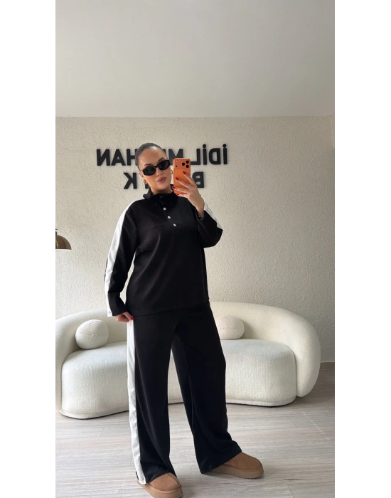 Siyah Yaka Düğmeli Çizgili Takım
