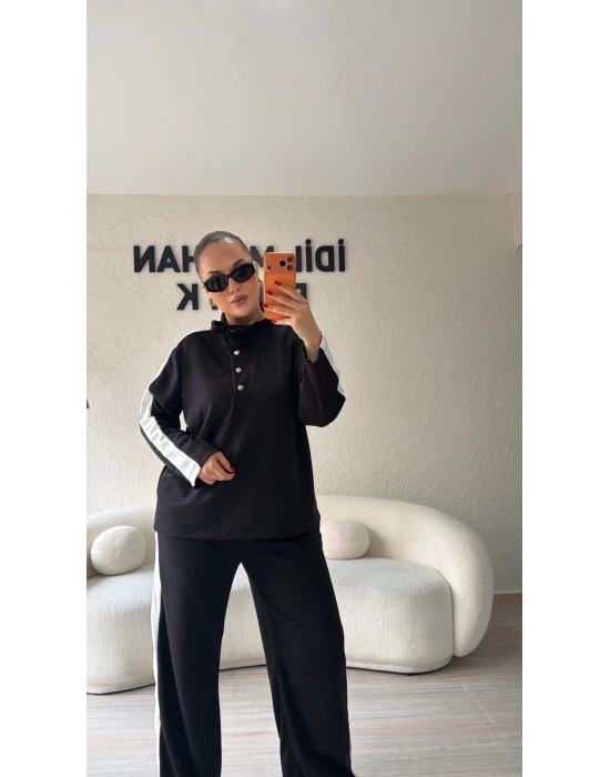 Siyah Yaka Düğmeli Çizgili Takım