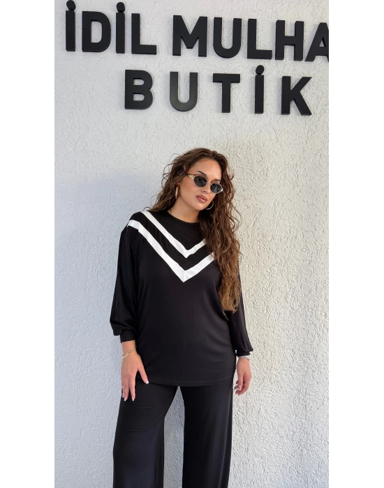 Siyah Yakası Beyaz V Şeritli Takım