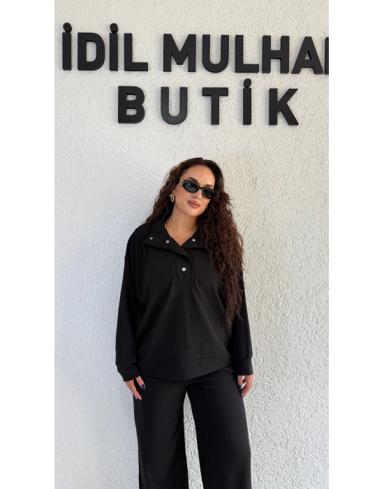 Siyah Yakası Düğmeli Büyük Beden Takım