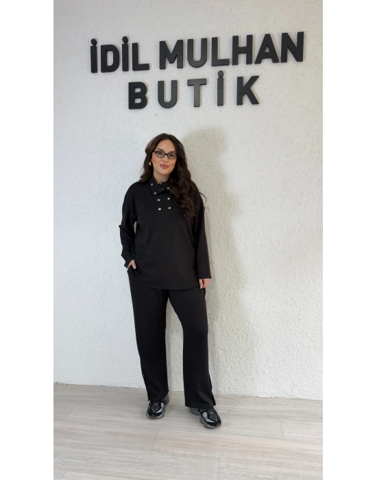 Siyah Yakası Silver Çıtçıt Detaylı Takım