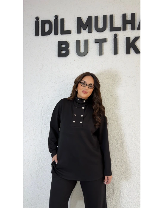 Siyah Yakası Silver Çıtçıt Detaylı Takım