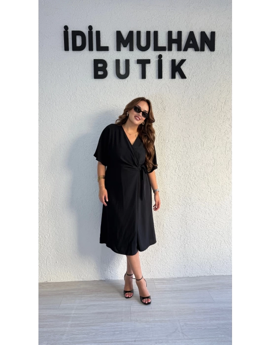 Siyah Yarasa Kol Yandan Bağlamalı Elbise