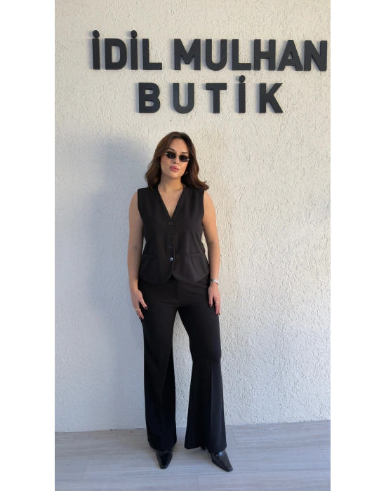 Siyah Yüksek Bel İspanyol Paça Pantolon