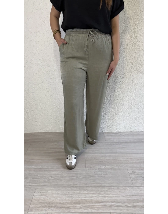 Su Yeşili Beli Lastikli Parlak Bürümcük Pantolon