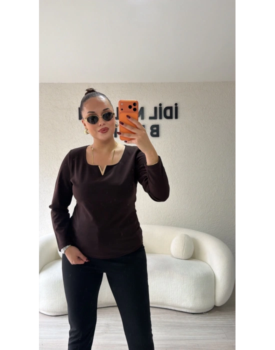 V Gold Detaylı Acı Kahve Bluz