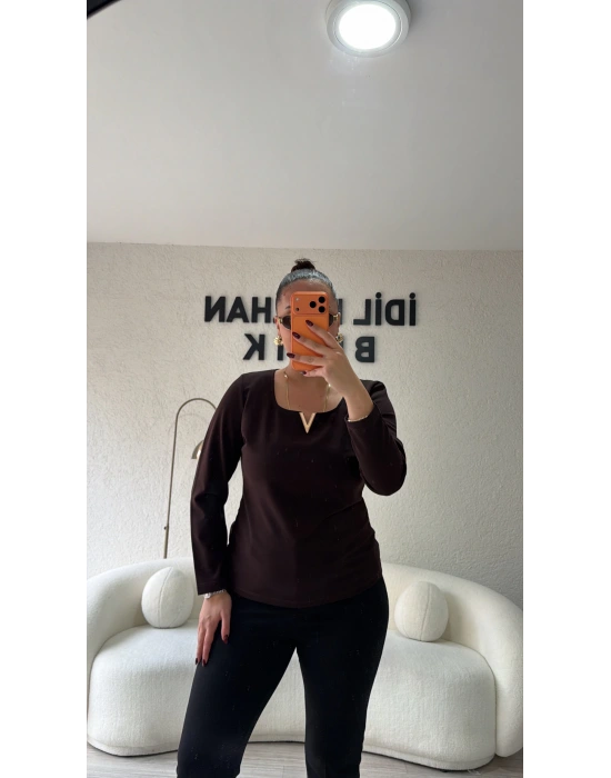 V Gold Detaylı Acı Kahve Bluz