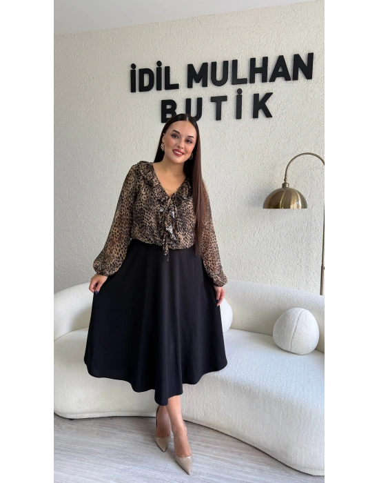 Volan Detaylı Leopar Midi Elbise