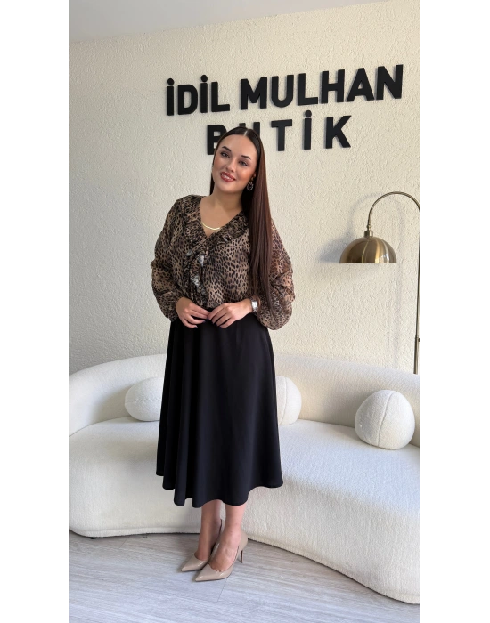 Volan Detaylı Leopar Midi Elbise