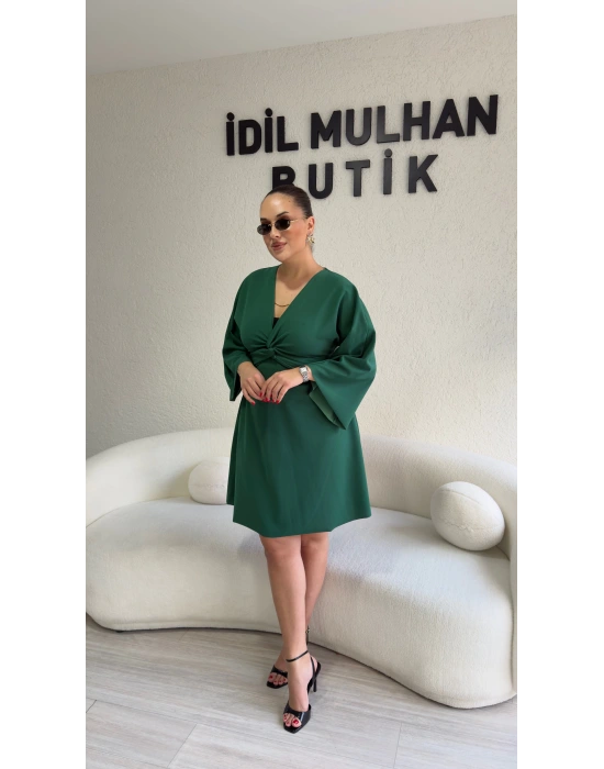 Yeşil Krep Kumaş Düğüm Detaylı Elbise