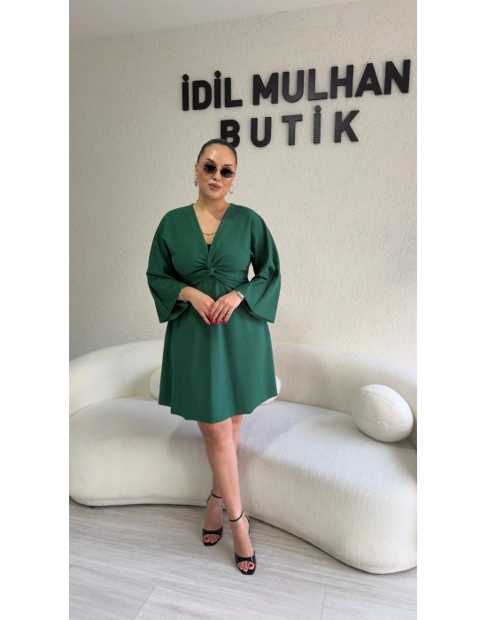 Yeşil Krep Kumaş Düğüm Detaylı Elbise
