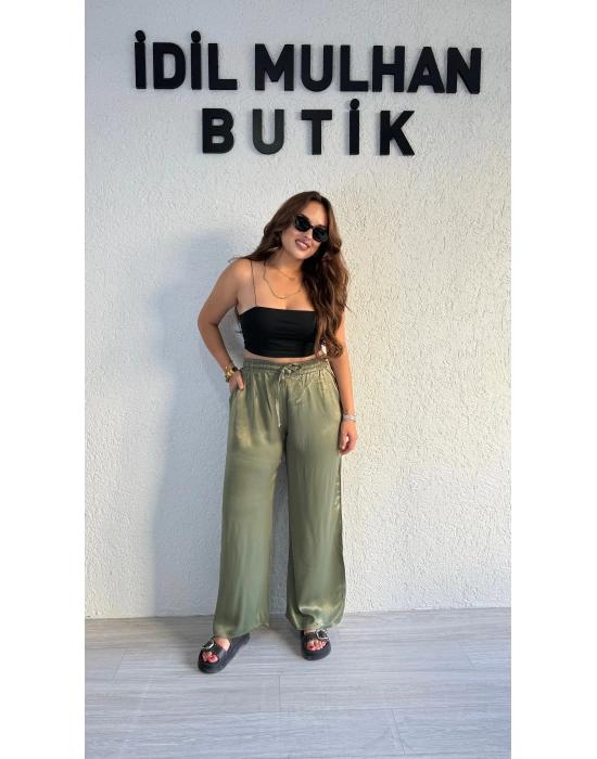 Zeytin Yeşili Beli Lastikli Saten Pantolon
