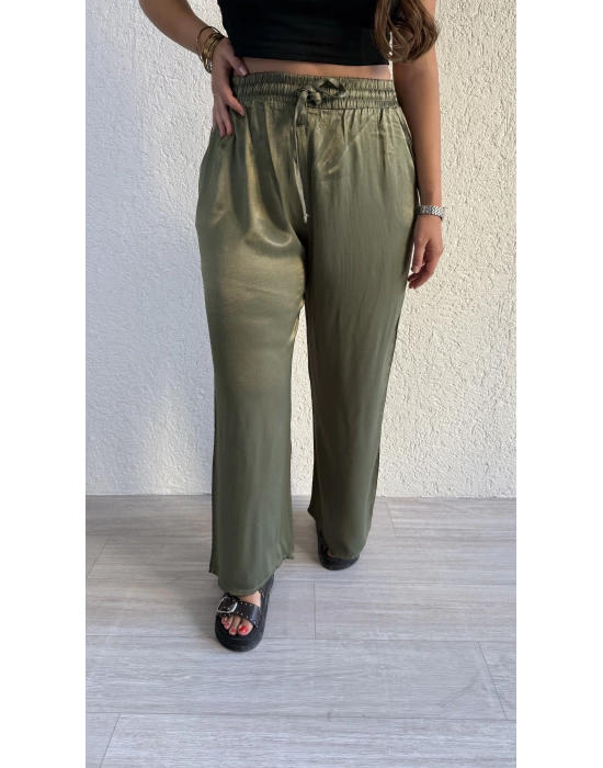 Zeytin Yeşili Beli Lastikli Saten Pantolon