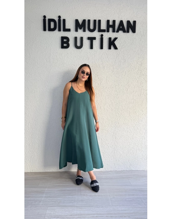 Zümrüt Yeşili Tensel Askılı Elbise