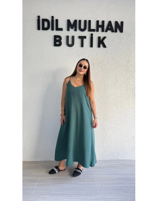 Zümrüt Yeşili Tensel Askılı Elbise