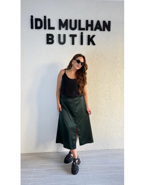 Zümrüt Yeşili Yüksek Bel Saten Etek