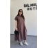 Kahverengi Etek Büzgülü Düğmeli Elbise