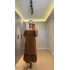 Kahverengi Madonna Yaka Etek Ucu Fırfırlı Elbise