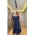 İndigo Mavi Madonna Yaka Etek Ucu Fırfırlı Elbise