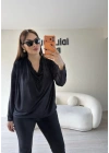 Siyah Sandy Kumaş Degaje Yaka Bluz