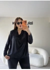 Siyah Sandy Kumaş Degaje Yaka Bluz