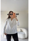 Beyaz Sandy Kumaş Degaje Yaka Bluz