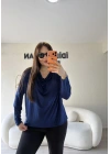 Lacivert Sandy Kumaş Degaje Yaka Bluz