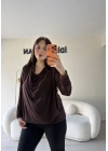 Kahverengi Sandy Kumaş Degaje Yaka Bluz