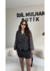 Kruvaze Yan Bağcıklı Puantiyeli Bluz