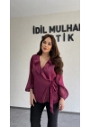 Mürdüm Kruvaze Yaka Volanlı Bağlamalı Bluz