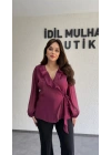 Mürdüm Kruvaze Yaka Volanlı Bağlamalı Bluz