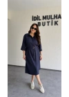 Lacivert Kuşaklı Premium Gömlek Elbise
