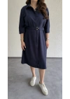 Lacivert Kuşaklı Premium Gömlek Elbise