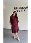 Bordo Kuşaklı Premium Gömlek Elbise