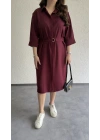 Bordo Kuşaklı Premium Gömlek Elbise