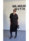 Siyah Polo Yaka Düğme Detaylı Elbise