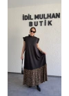 Siyah Eteği Leopar Desenli Fırfırlı Elbise